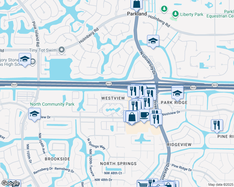 map of restaurants, bars, coffee shops, grocery stores, and more near 9859 Northwest 57th Manor in Coral Springs