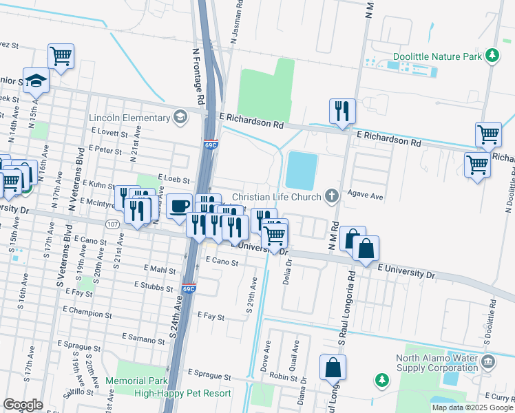 map of restaurants, bars, coffee shops, grocery stores, and more near 305 North 28th Avenue in Edinburg