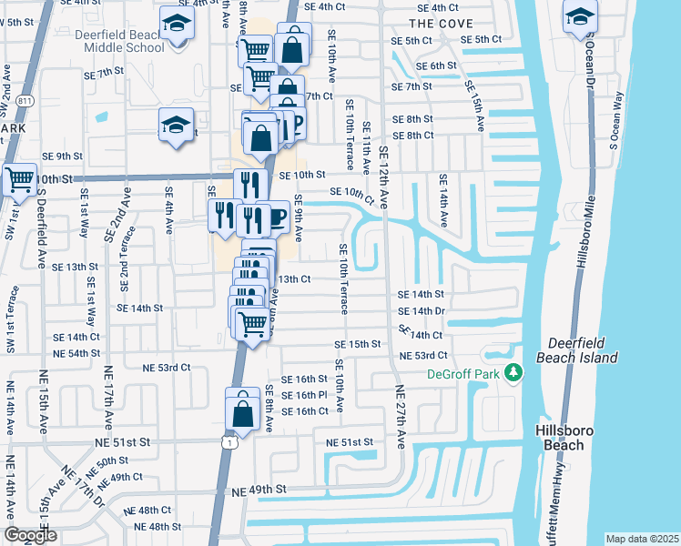 map of restaurants, bars, coffee shops, grocery stores, and more near 1005 Southeast 13th Court in Deerfield Beach