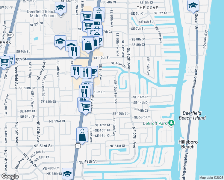 map of restaurants, bars, coffee shops, grocery stores, and more near 1005 Southeast 13th Court in Deerfield Beach