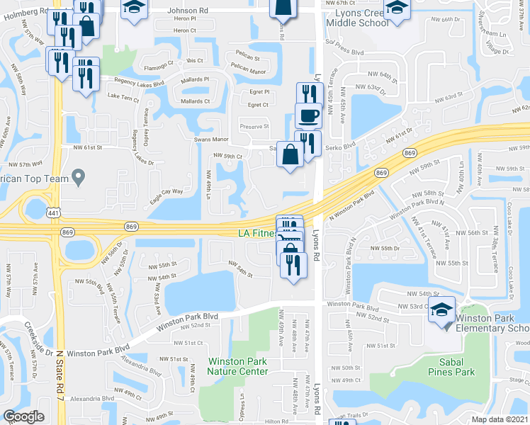 map of restaurants, bars, coffee shops, grocery stores, and more near 4774 Northwest 57th Place in Coconut Creek