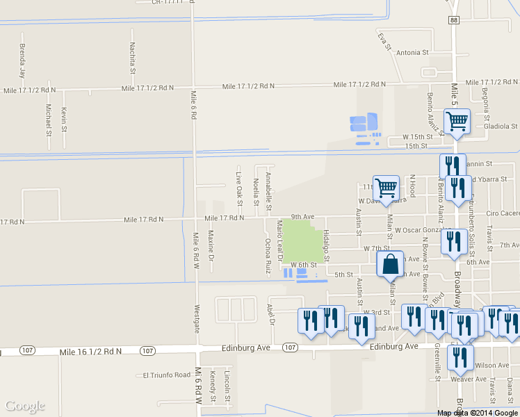 map of restaurants, bars, coffee shops, grocery stores, and more near 906 Noelia Street in Edcouch