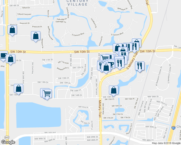 map of restaurants, bars, coffee shops, grocery stores, and more near 1261 Southwest 25th Avenue in Deerfield Beach
