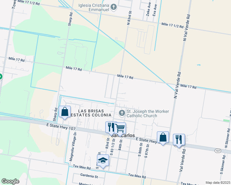 map of restaurants, bars, coffee shops, grocery stores, and more near 1007 North 83rd Street in Edinburg