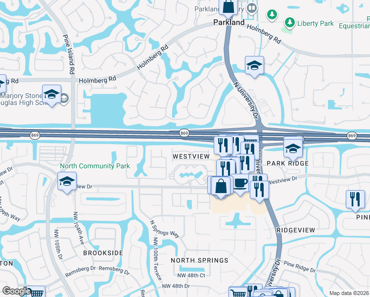 map of restaurants, bars, coffee shops, grocery stores, and more near 9957 Northwest 57th Manor in Coral Springs