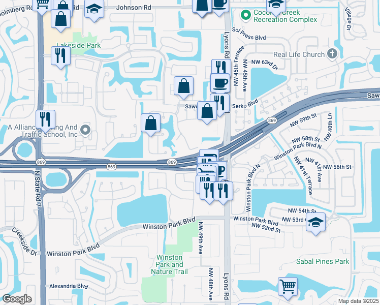 map of restaurants, bars, coffee shops, grocery stores, and more near 4774 Northwest 57th Place in Coconut Creek