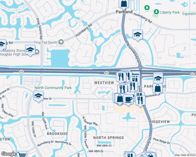 map of restaurants, bars, coffee shops, grocery stores, and more near 9957 Northwest 57th Manor in Coral Springs