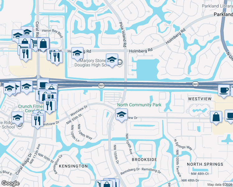 map of restaurants, bars, coffee shops, grocery stores, and more near 10528 Northwest 57th Court in Coral Springs