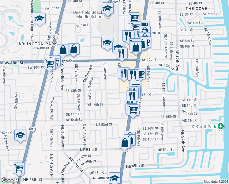 map of restaurants, bars, coffee shops, grocery stores, and more near 521 Southeast 13th Court in Deerfield Beach