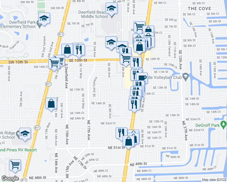map of restaurants, bars, coffee shops, grocery stores, and more near 431 Southeast 13th Court in Deerfield Beach