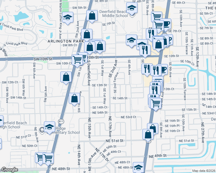 map of restaurants, bars, coffee shops, grocery stores, and more near 1301 Southeast 2nd Terrace in Deerfield Beach
