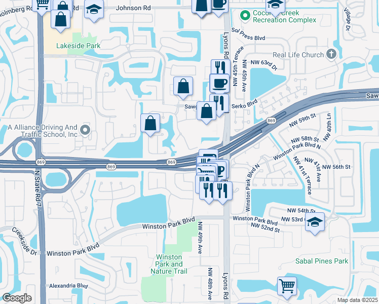 map of restaurants, bars, coffee shops, grocery stores, and more near 4774 Northwest 57th Place in Coconut Creek