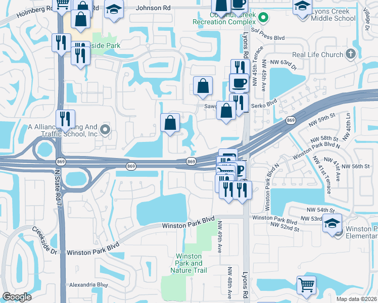 map of restaurants, bars, coffee shops, grocery stores, and more near 4841 Northwest 57th Manor in Coconut Creek