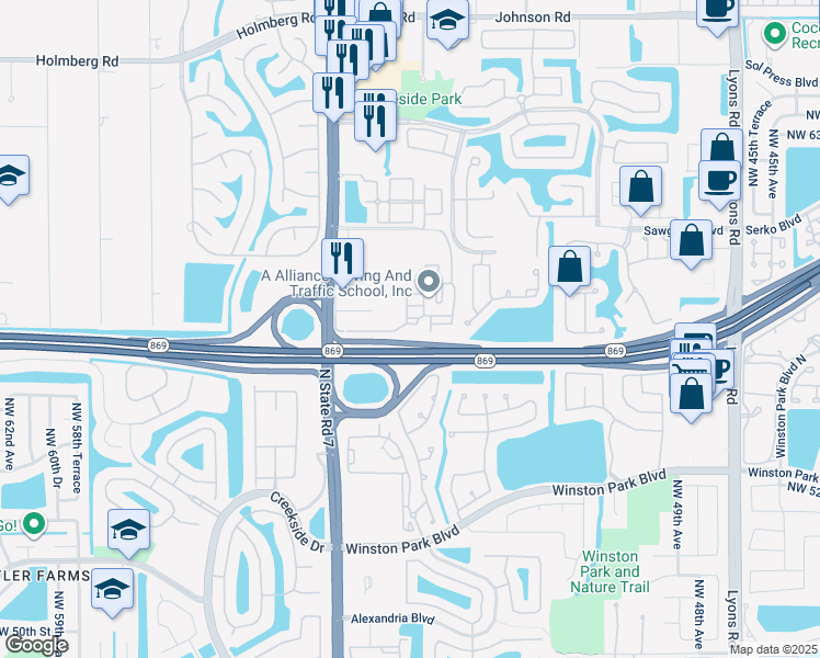 map of restaurants, bars, coffee shops, grocery stores, and more near 5610 Northwest 61st Street in Margate