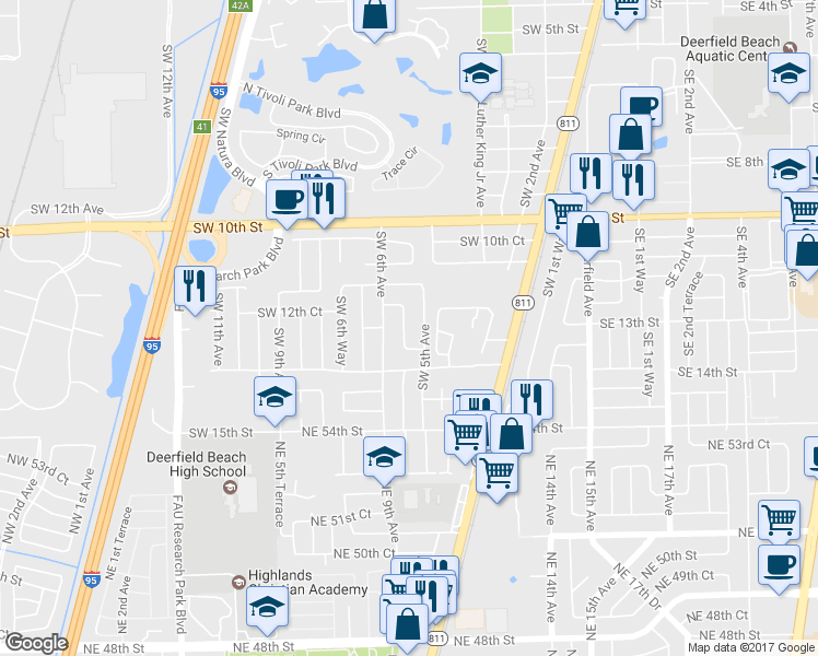 map of restaurants, bars, coffee shops, grocery stores, and more near 1300 Southwest 5th Terrace in Deerfield Beach