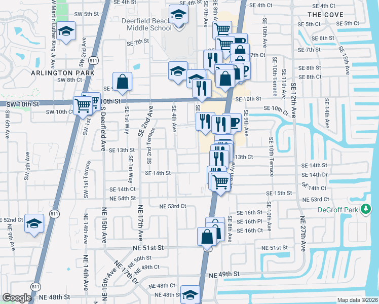 map of restaurants, bars, coffee shops, grocery stores, and more near 521 Southeast 13th Court in Deerfield Beach