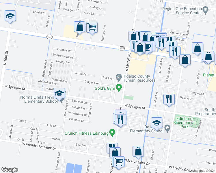 map of restaurants, bars, coffee shops, grocery stores, and more near 3020 Ginger Ave in Edinburg