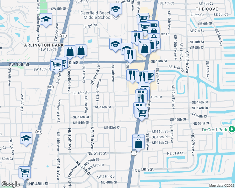 map of restaurants, bars, coffee shops, grocery stores, and more near 411 Southeast 13th Court in Deerfield Beach