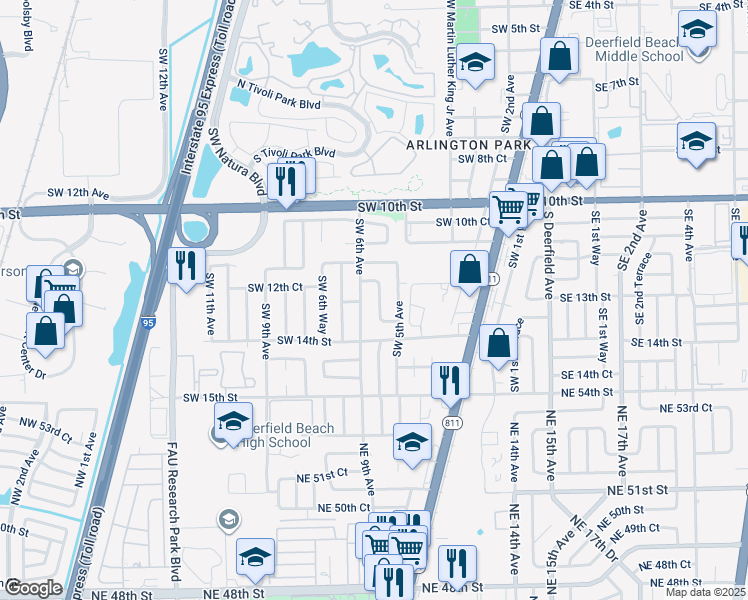 map of restaurants, bars, coffee shops, grocery stores, and more near 1300 Southwest 5th Terrace in Deerfield Beach