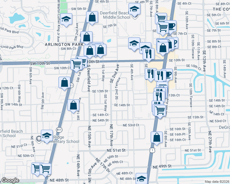 map of restaurants, bars, coffee shops, grocery stores, and more near 1301 Southeast 2nd Terrace in Deerfield Beach