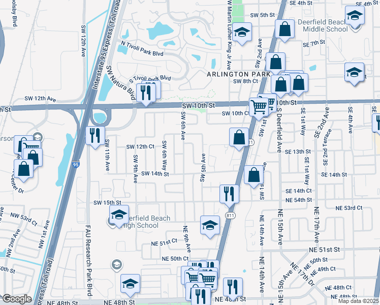 map of restaurants, bars, coffee shops, grocery stores, and more near 1300 Southwest 5th Terrace in Deerfield Beach