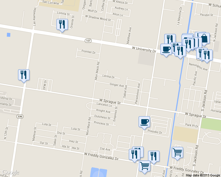 map of restaurants, bars, coffee shops, grocery stores, and more near 3325 Palace Street in Edinburg