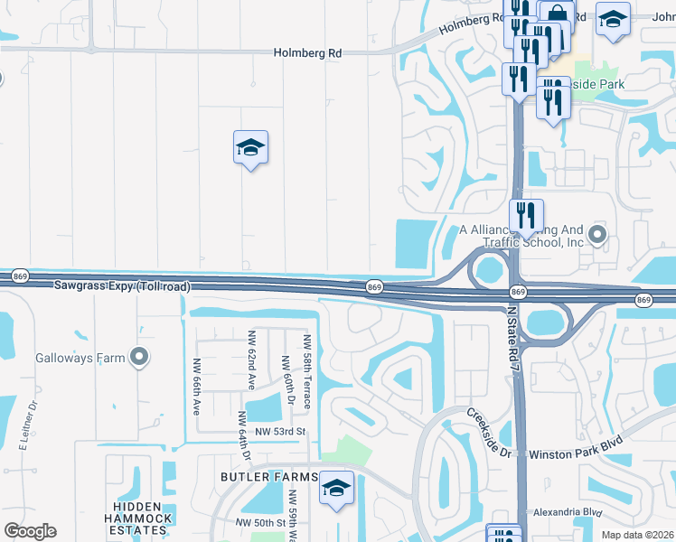 map of restaurants, bars, coffee shops, grocery stores, and more near 5720 Northwest 63rd Way in Parkland