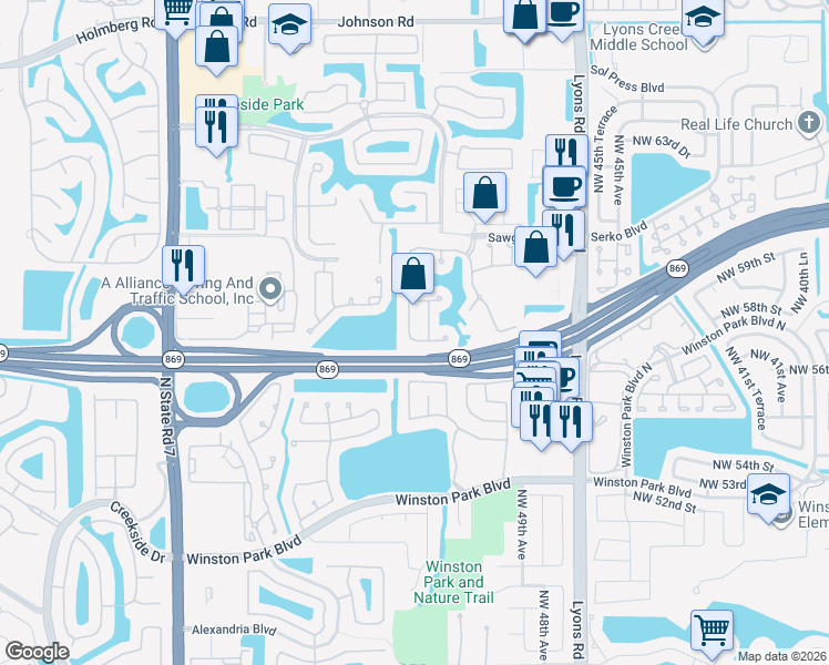 map of restaurants, bars, coffee shops, grocery stores, and more near 5724 Northwest 49th Lane in Coconut Creek
