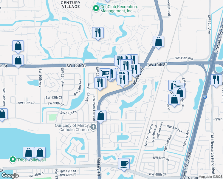 map of restaurants, bars, coffee shops, grocery stores, and more near 1305 South Military Trail in Deerfield Beach