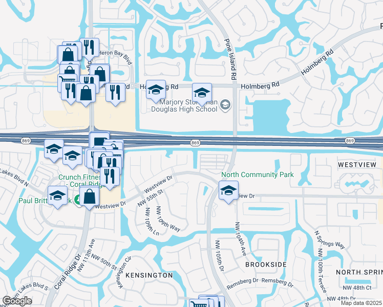 map of restaurants, bars, coffee shops, grocery stores, and more near 5665 Northwest 106th Way in Coral Springs
