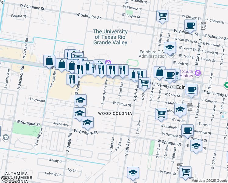 map of restaurants, bars, coffee shops, grocery stores, and more near 1021 West Mahl Street in Edinburg
