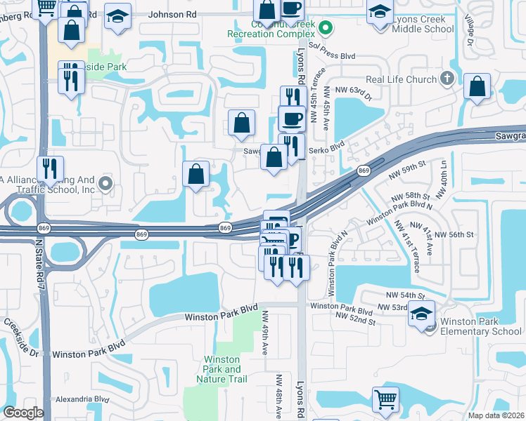 map of restaurants, bars, coffee shops, grocery stores, and more near 4700 Northwest 57th Place in Coconut Creek