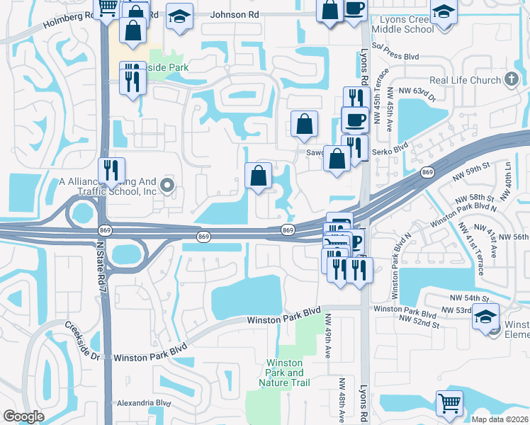 map of restaurants, bars, coffee shops, grocery stores, and more near 5724 Northwest 49th Lane in Coconut Creek