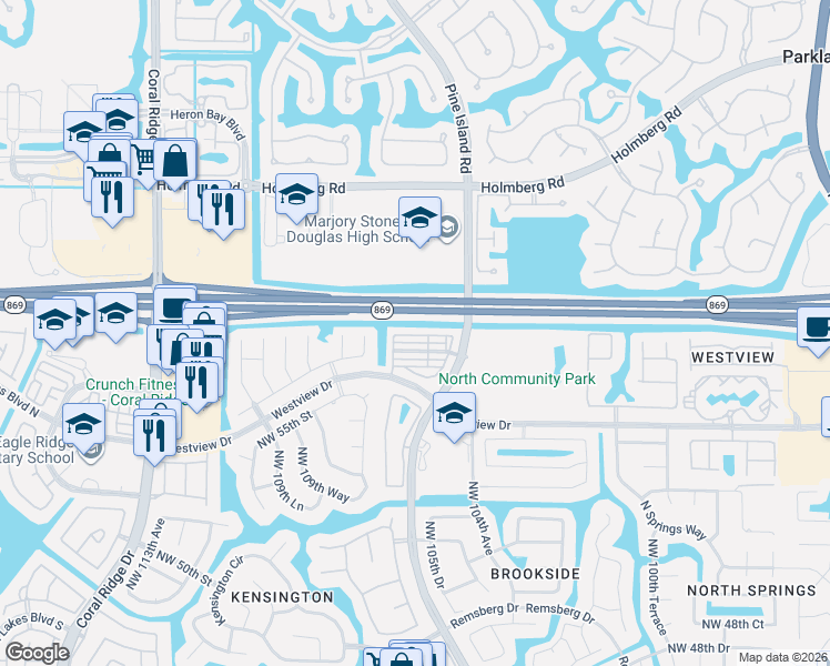 map of restaurants, bars, coffee shops, grocery stores, and more near 10580 Northwest 57th Court in Coral Springs