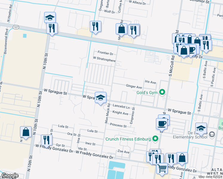 map of restaurants, bars, coffee shops, grocery stores, and more near 701 Mon Mack Road in Edinburg