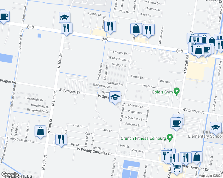 map of restaurants, bars, coffee shops, grocery stores, and more near 3705 Hawthorne Avenue in Edinburg