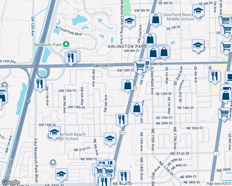map of restaurants, bars, coffee shops, grocery stores, and more near 405 Southwest 12th Court in Deerfield Beach