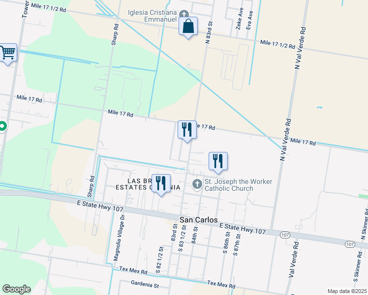 map of restaurants, bars, coffee shops, grocery stores, and more near 1007 North 83rd Street in Edinburg