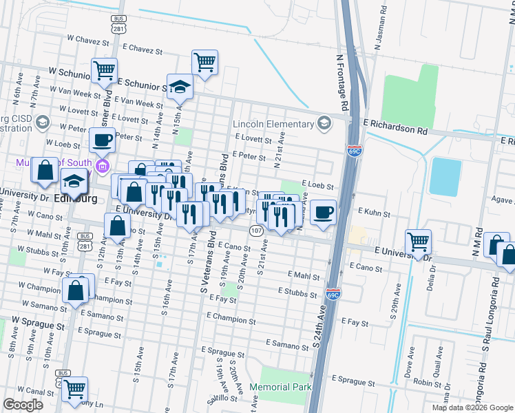 map of restaurants, bars, coffee shops, grocery stores, and more near 117 North 20th Avenue in Edinburg