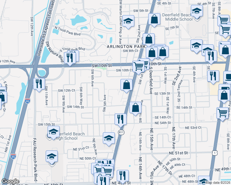 map of restaurants, bars, coffee shops, grocery stores, and more near 405 Southwest 12th Court in Deerfield Beach