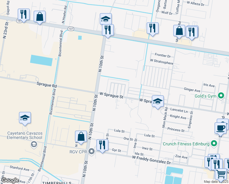 map of restaurants, bars, coffee shops, grocery stores, and more near 721 DFW Drive in Edinburg