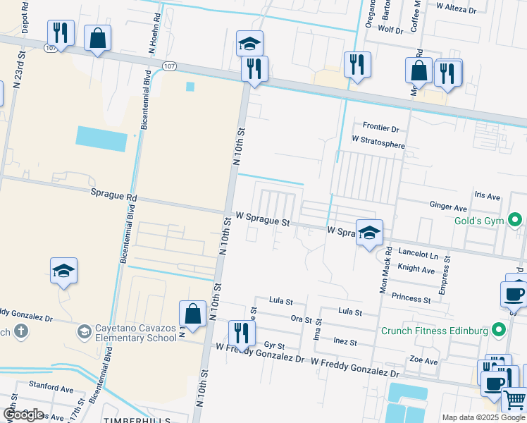 map of restaurants, bars, coffee shops, grocery stores, and more near 721 DFW Drive in Edinburg