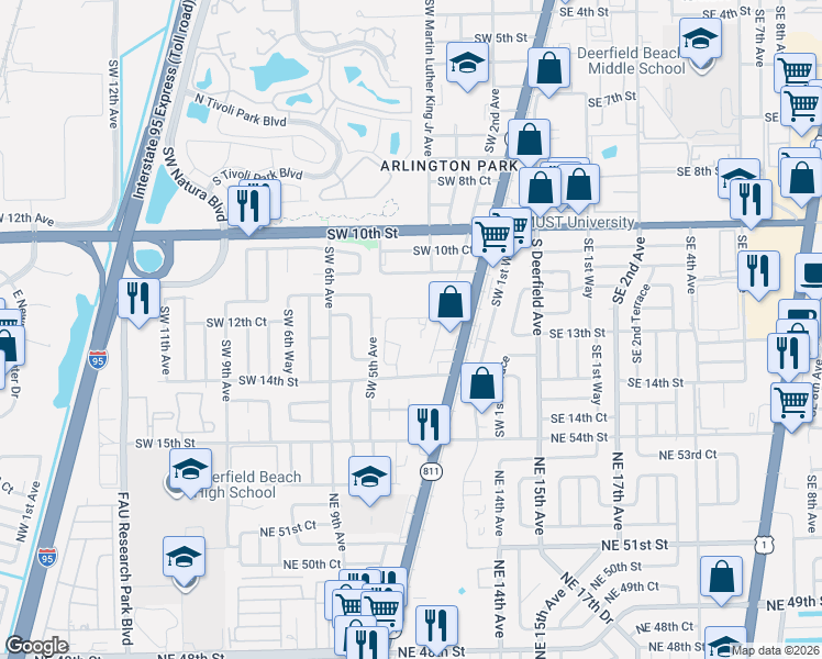map of restaurants, bars, coffee shops, grocery stores, and more near 405 Southwest 12th Court in Deerfield Beach
