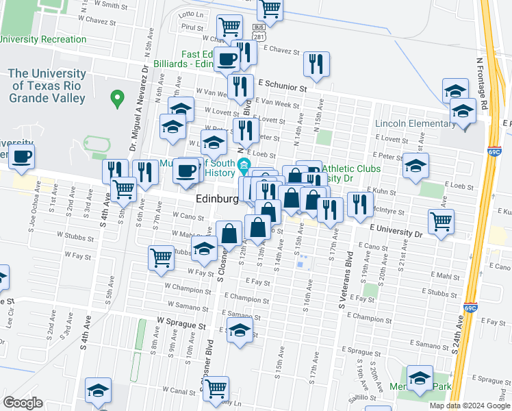 map of restaurants, bars, coffee shops, grocery stores, and more near 201 Texas 107 in Edinburg