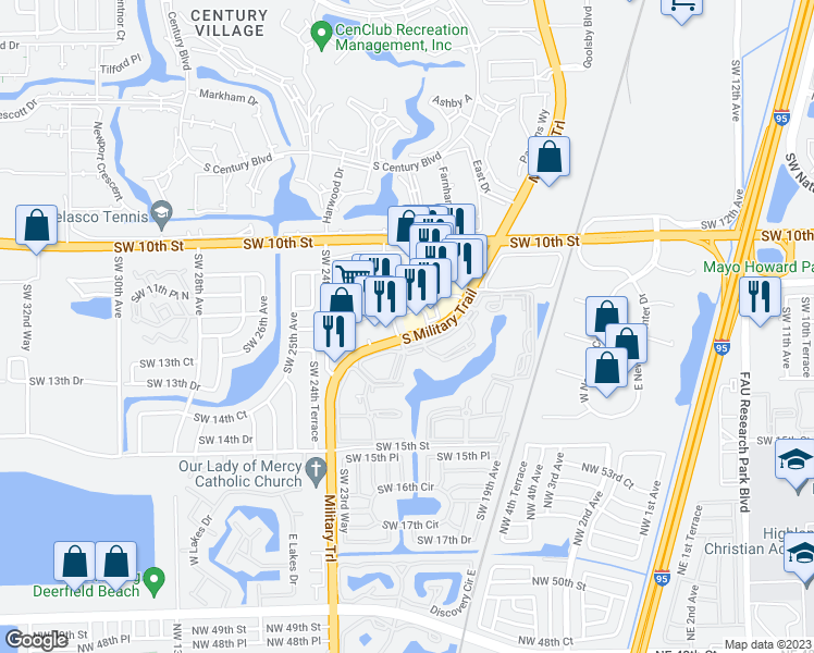 map of restaurants, bars, coffee shops, grocery stores, and more near 1299 South Military Trail in Deerfield Beach