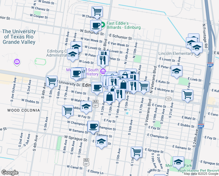 map of restaurants, bars, coffee shops, grocery stores, and more near 209 East University Drive in Edinburg