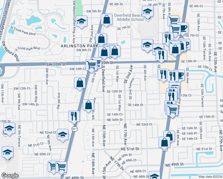 map of restaurants, bars, coffee shops, grocery stores, and more near 4 Southeast 13th Street in Deerfield Beach
