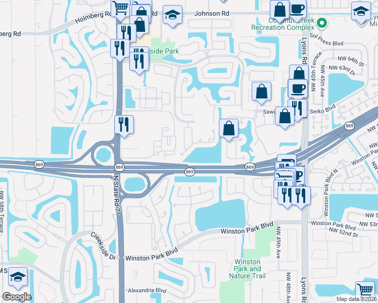 map of restaurants, bars, coffee shops, grocery stores, and more near 5320 Eagle Cay Way in Coconut Creek