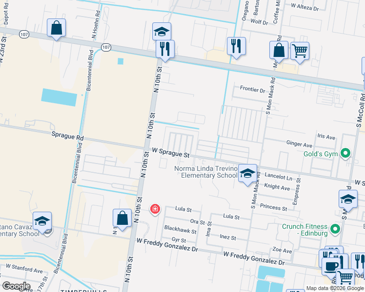 map of restaurants, bars, coffee shops, grocery stores, and more near 714 South Logan Drive in Edinburg