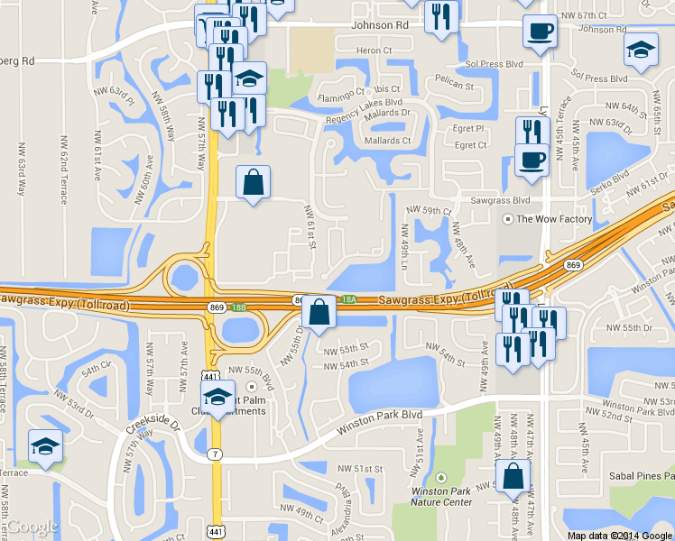 map of restaurants, bars, coffee shops, grocery stores, and more near 5320 Eagle Cay Way in Coconut Creek